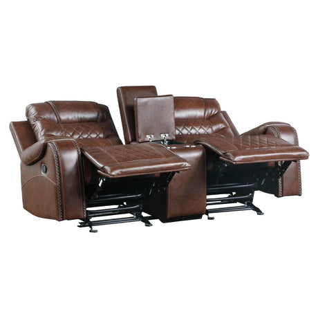 Putnam Brown Polished Microfiber Upholstery Double Glider Reclining Love Seat With Center Console - Ella Furniture