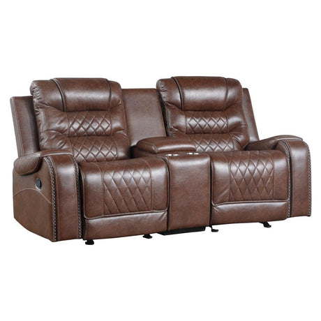 Putnam Brown Polished Microfiber Upholstery Double Glider Reclining Love Seat With Center Console - Ella Furniture