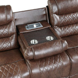 Putnam Brown Polished Microfiber Upholstery Double Reclining Sofa Center Drop-down Cup Holders - Ella Furniture