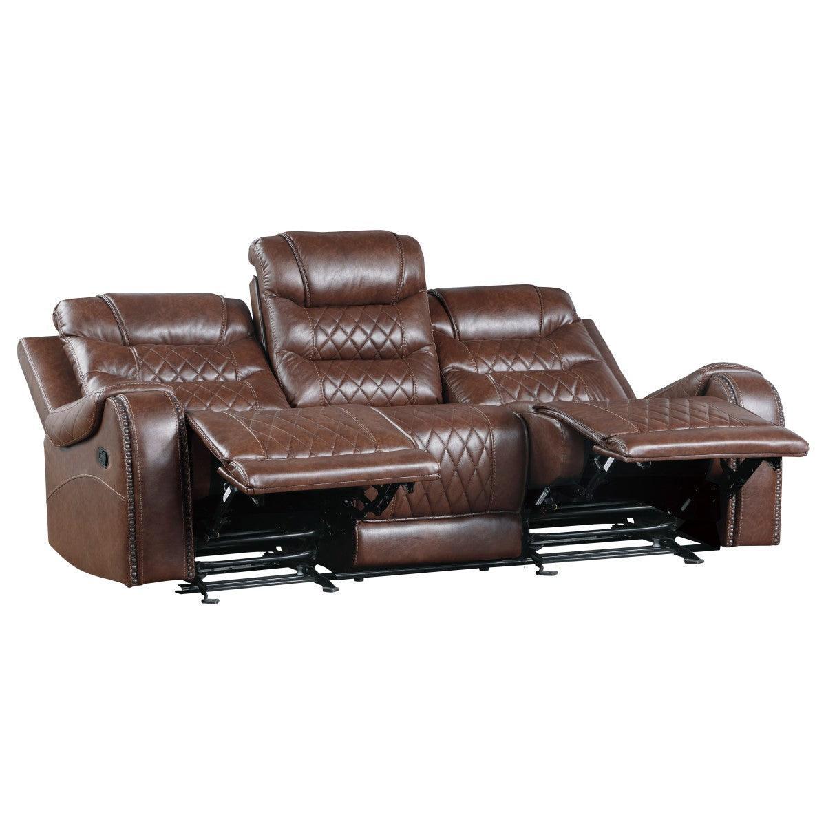 Putnam Brown Polished Microfiber Upholstery Double Reclining Sofa Center Drop-down Cup Holders - Ella Furniture