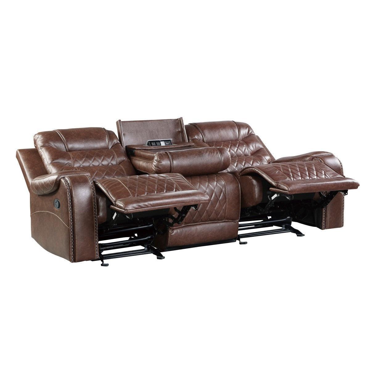 Putnam Brown Polished Microfiber Upholstery Double Reclining Sofa Center Drop-down Cup Holders - Ella Furniture