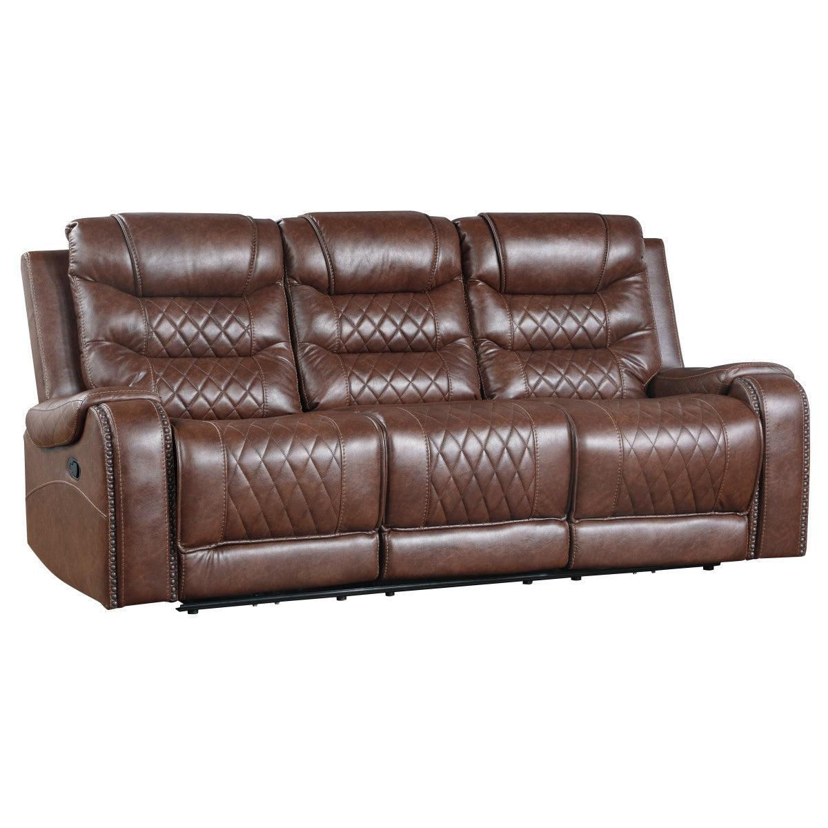 Putnam Brown Polished Microfiber Upholstery Double Reclining Sofa Center Drop-down Cup Holders - Ella Furniture