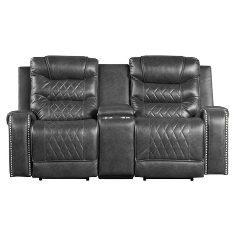 Putnam Gray Polished Microfiber Upholstery Power Double Reclining Love Seat With Center Console - Ella Furniture