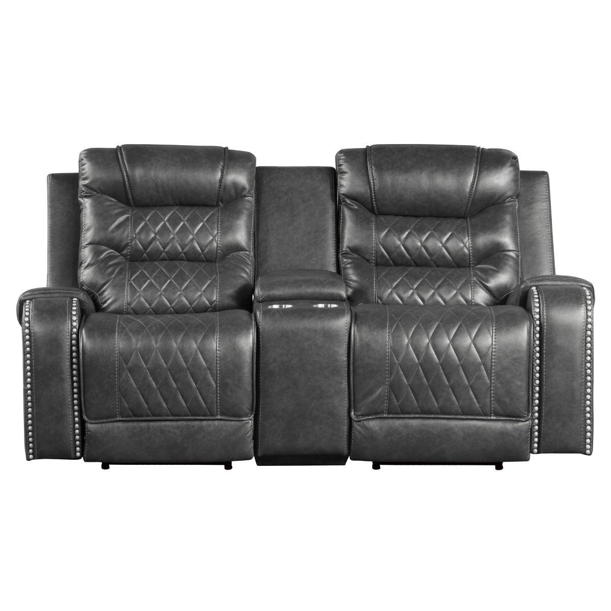 Putnam Gray Polished Microfiber Upholstery Power Double Reclining Love Seat With Center Console - Ella Furniture