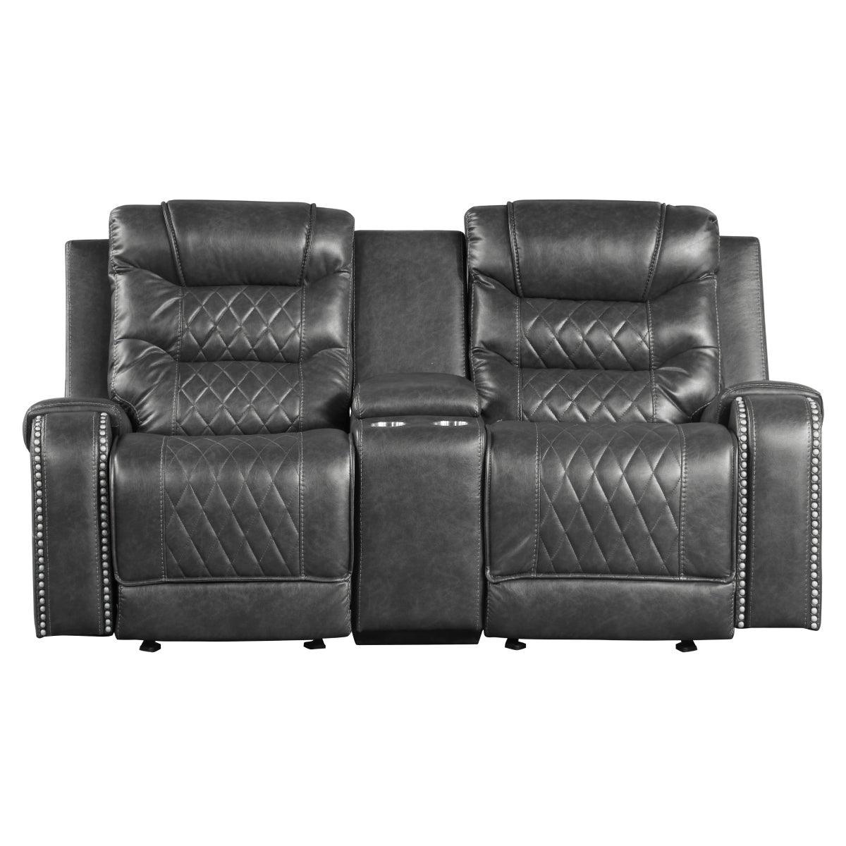 Putnam Gray Polished Microfiber Upholstery Double Glider Reclining Love Seat With Center Console - Ella Furniture