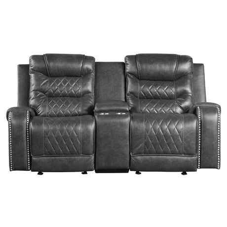 Putnam Gray Polished Microfiber Upholstery Double Glider Reclining Love Seat With Center Console - Ella Furniture