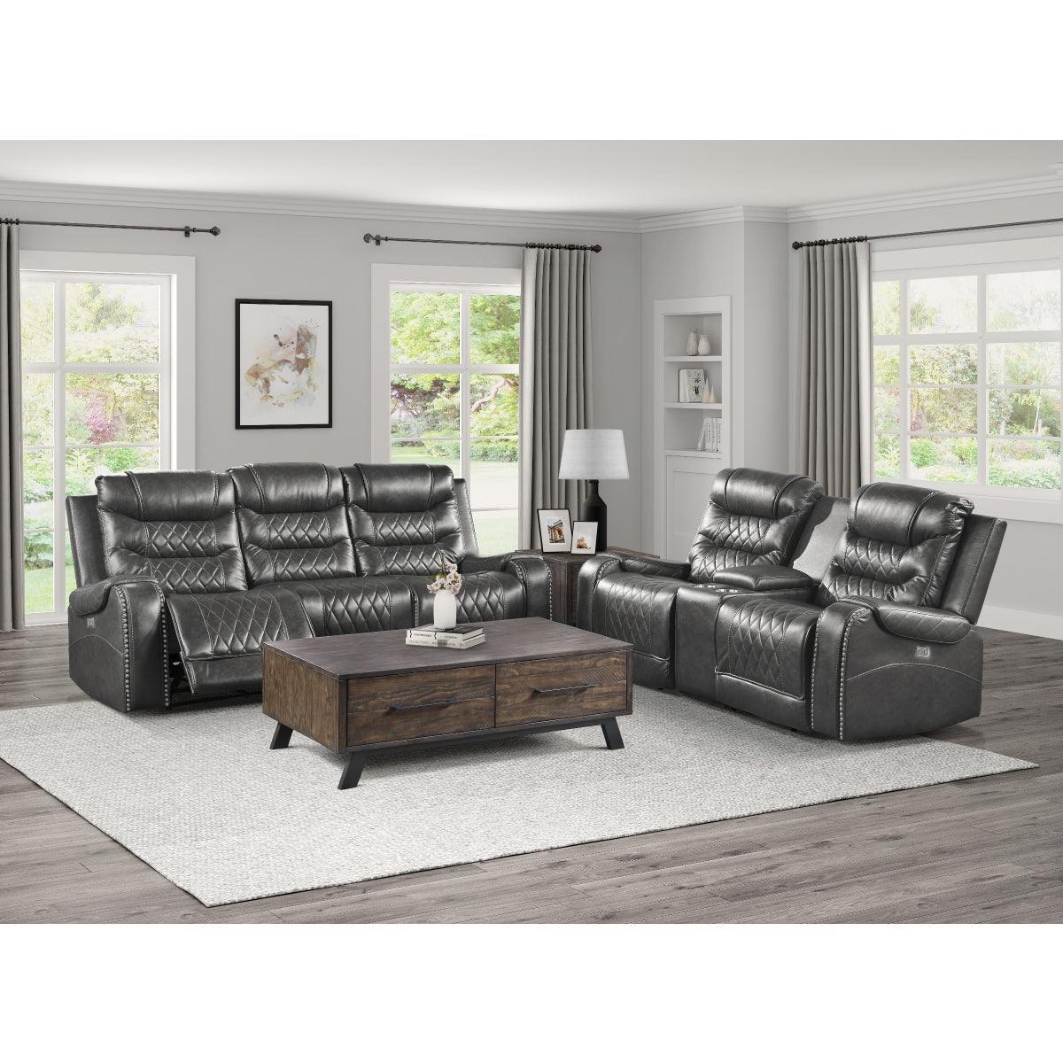 Putnam Gray Solid Wood And Plywood Polished Microfiber Upholstery Power Double Reclining Sofa - Ella Furniture