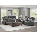 Putnam Gray Polished Microfiber Upholstery Power Double Reclining Love Seat With Center Console - Ella Furniture