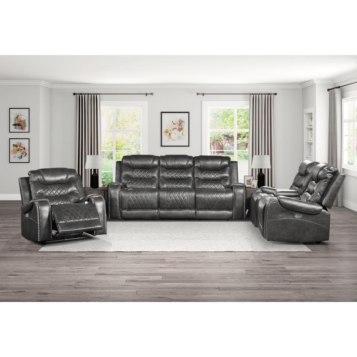 Putnam Gray Polished Microfiber Upholstery Power Double Reclining Love Seat With Center Console - Ella Furniture