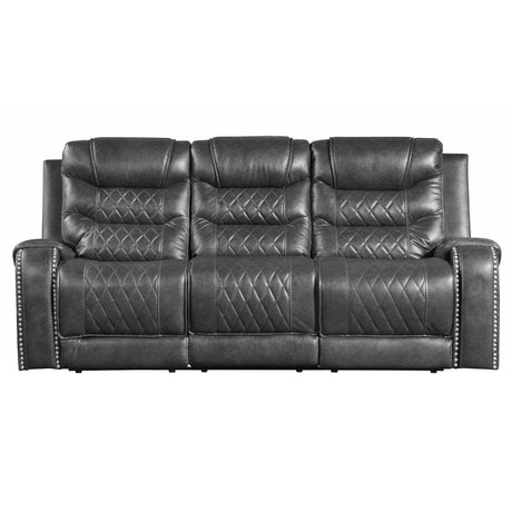 Putnam Gray Polished Microfiber Upholstery Double Reclining Sofa Center Drop-down Cup Holders - Ella Furniture