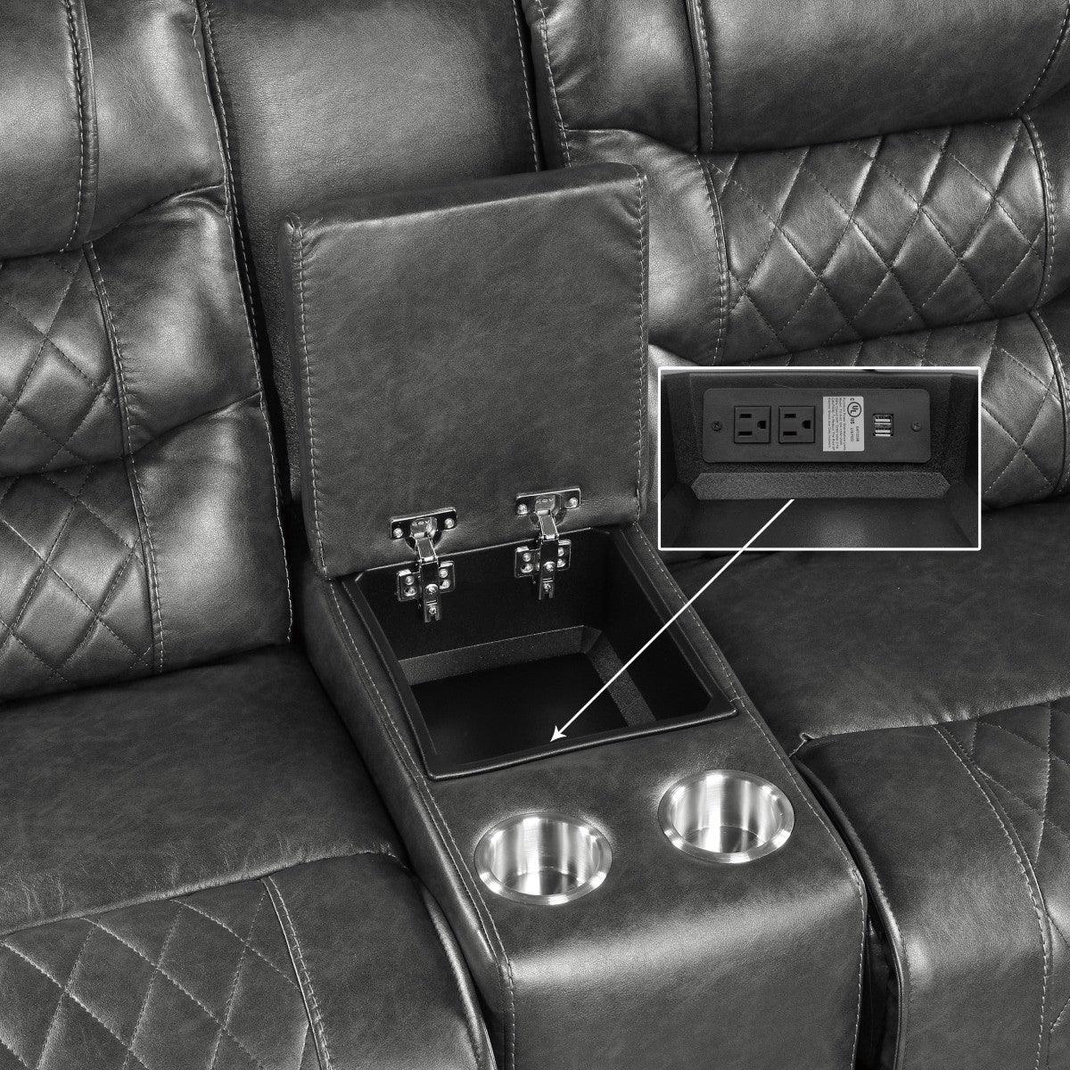 Putnam Gray Polished Microfiber Upholstery Power Double Reclining Love Seat With Center Console - Ella Furniture