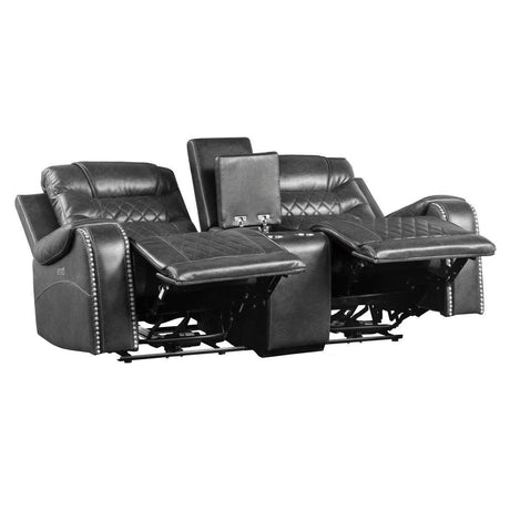 Putnam Gray Polished Microfiber Upholstery Power Double Reclining Love Seat With Center Console - Ella Furniture
