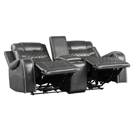 Putnam Gray Polished Microfiber Upholstery Power Double Reclining Love Seat With Center Console - Ella Furniture