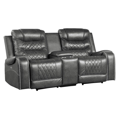 Putnam Gray Polished Microfiber Upholstery Power Double Reclining Love Seat With Center Console - Ella Furniture