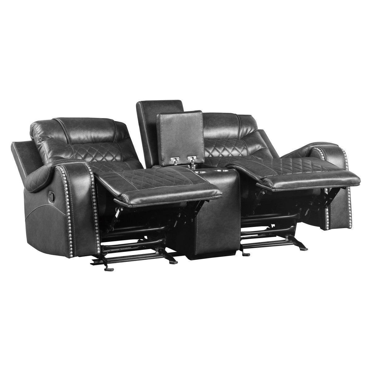 Putnam Gray Polished Microfiber Upholstery Double Glider Reclining Love Seat With Center Console - Ella Furniture