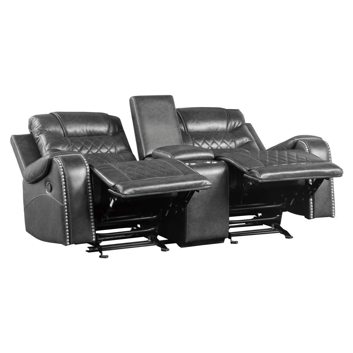 Putnam Gray Polished Microfiber Upholstery Double Glider Reclining Love Seat With Center Console - Ella Furniture