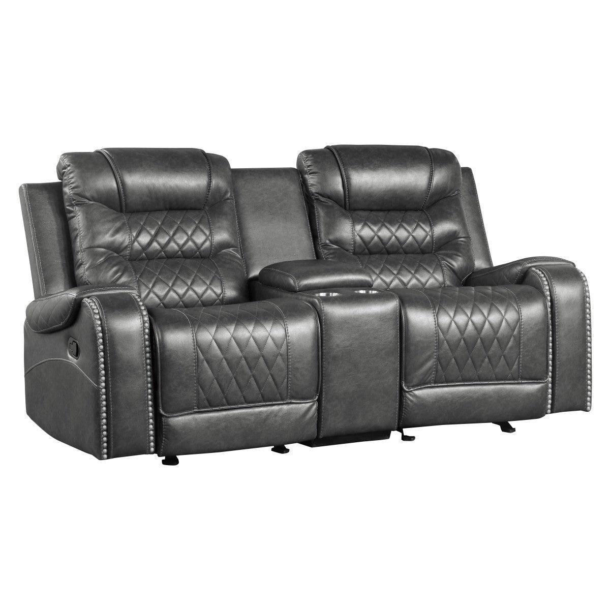 Putnam Gray Polished Microfiber Upholstery Double Glider Reclining Love Seat With Center Console - Ella Furniture