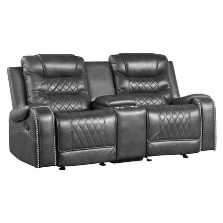 Putnam Gray Polished Microfiber Upholstery Double Glider Reclining Love Seat With Center Console - Ella Furniture