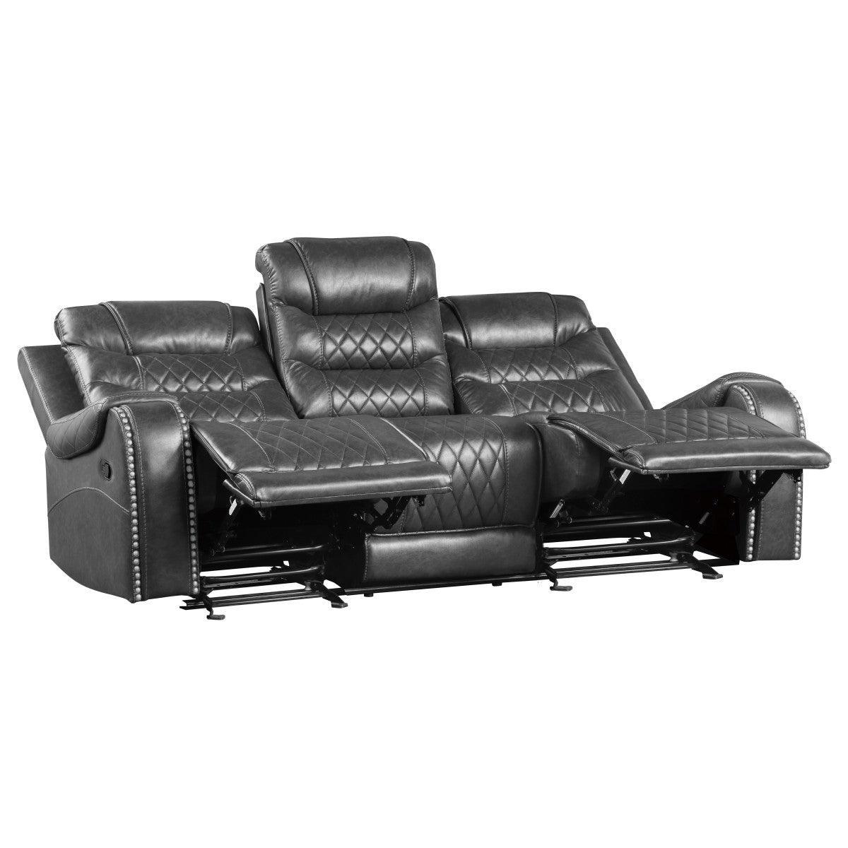 Putnam Gray Polished Microfiber Upholstery Double Reclining Sofa Center Drop-down Cup Holders - Ella Furniture