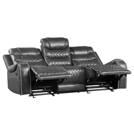 Putnam Gray Polished Microfiber Upholstery Double Reclining Sofa Center Drop-down Cup Holders - Ella Furniture