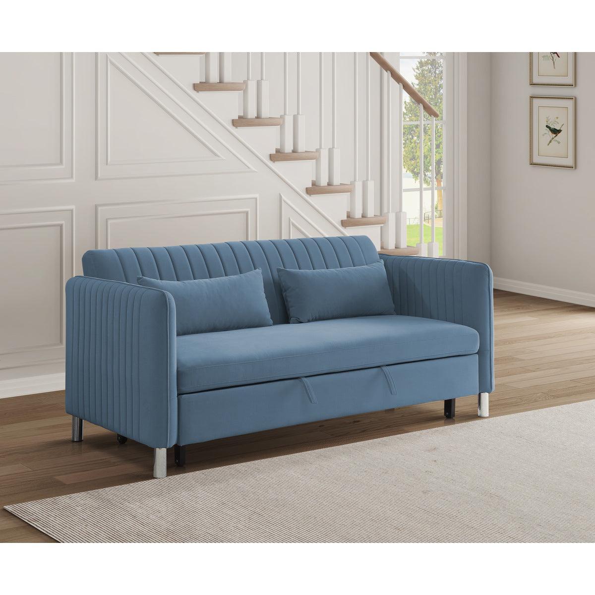 Greenway Blue Solid Wood Velvet Fabric Upholstery Convertible Studio Sofa With Pull-out Bed - Ella Furniture