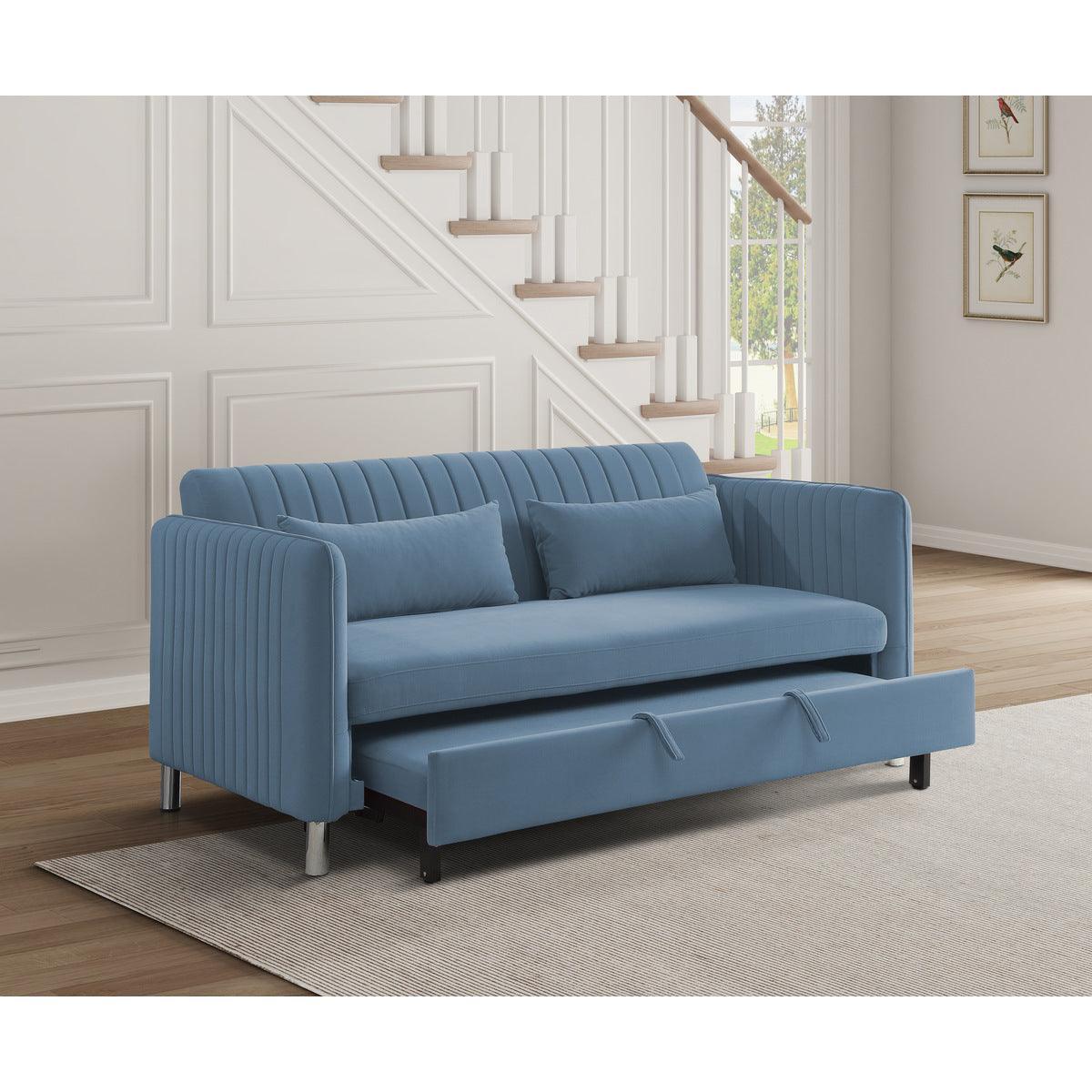 Greenway Blue Solid Wood Velvet Fabric Upholstery Convertible Studio Sofa With Pull-out Bed - Ella Furniture