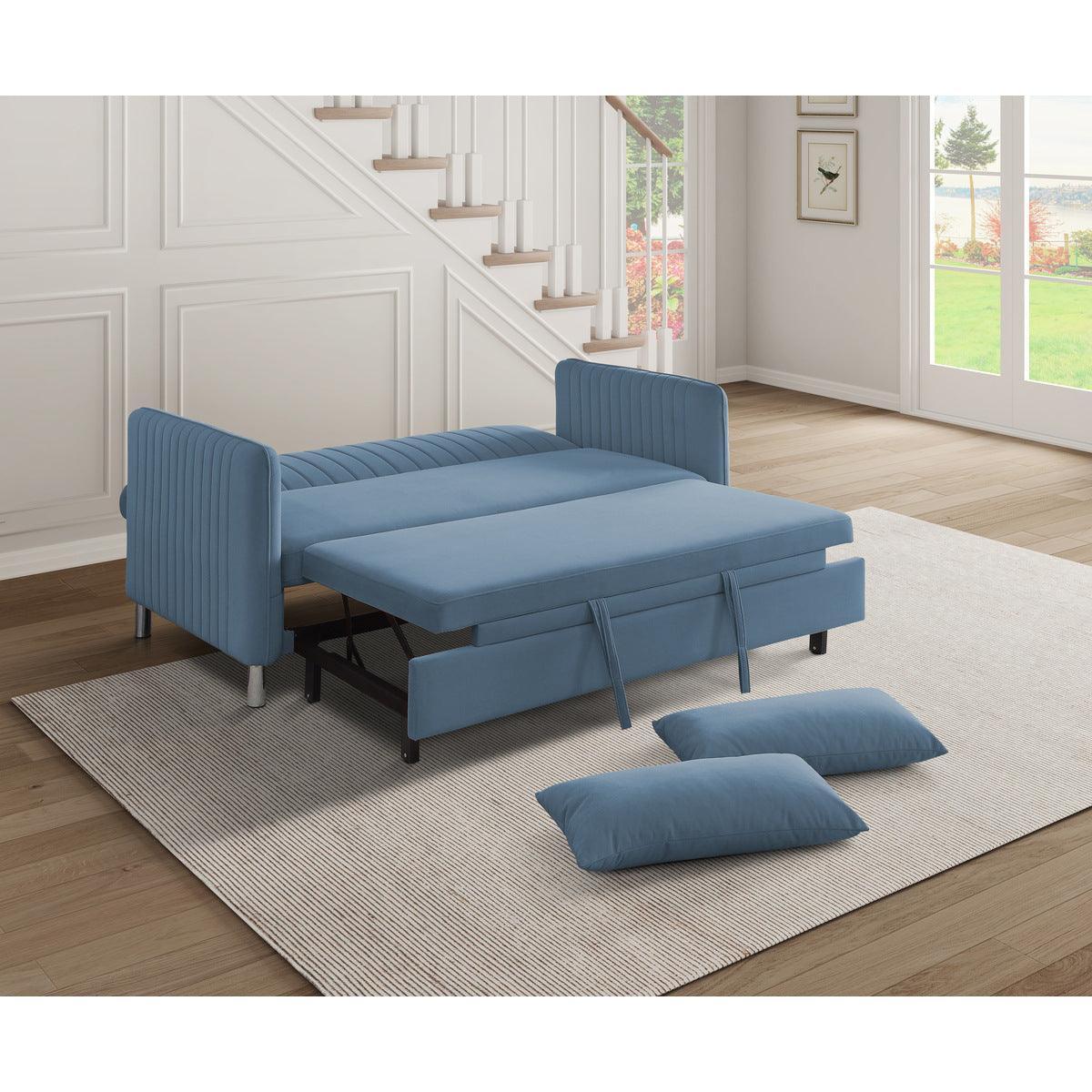 Greenway Blue Solid Wood Velvet Fabric Upholstery Convertible Studio Sofa With Pull-out Bed - Ella Furniture