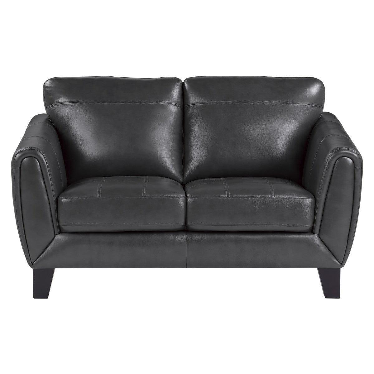 Spivey Dark Gray Wood Top Grain Leather Where The Body Touches, All Else Faux Leather Love Seat - Ella Furniture