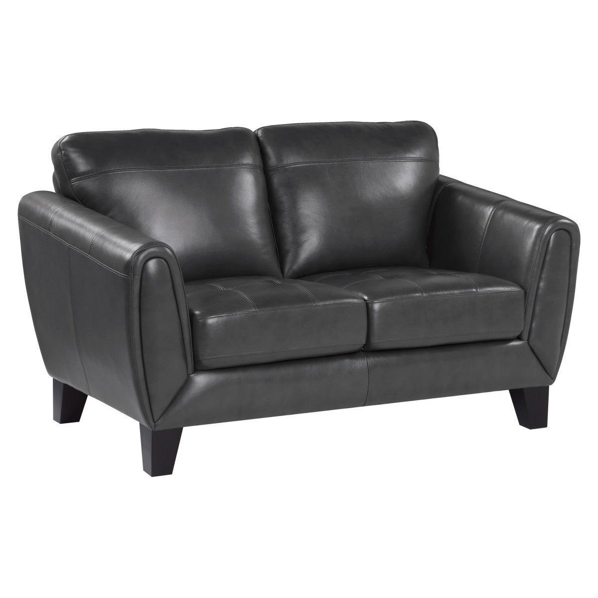 Spivey Dark Gray Wood Top Grain Leather Where The Body Touches, All Else Faux Leather Love Seat - Ella Furniture