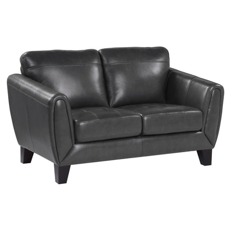 Spivey Dark Gray Wood Top Grain Leather Where The Body Touches, All Else Faux Leather Love Seat - Ella Furniture