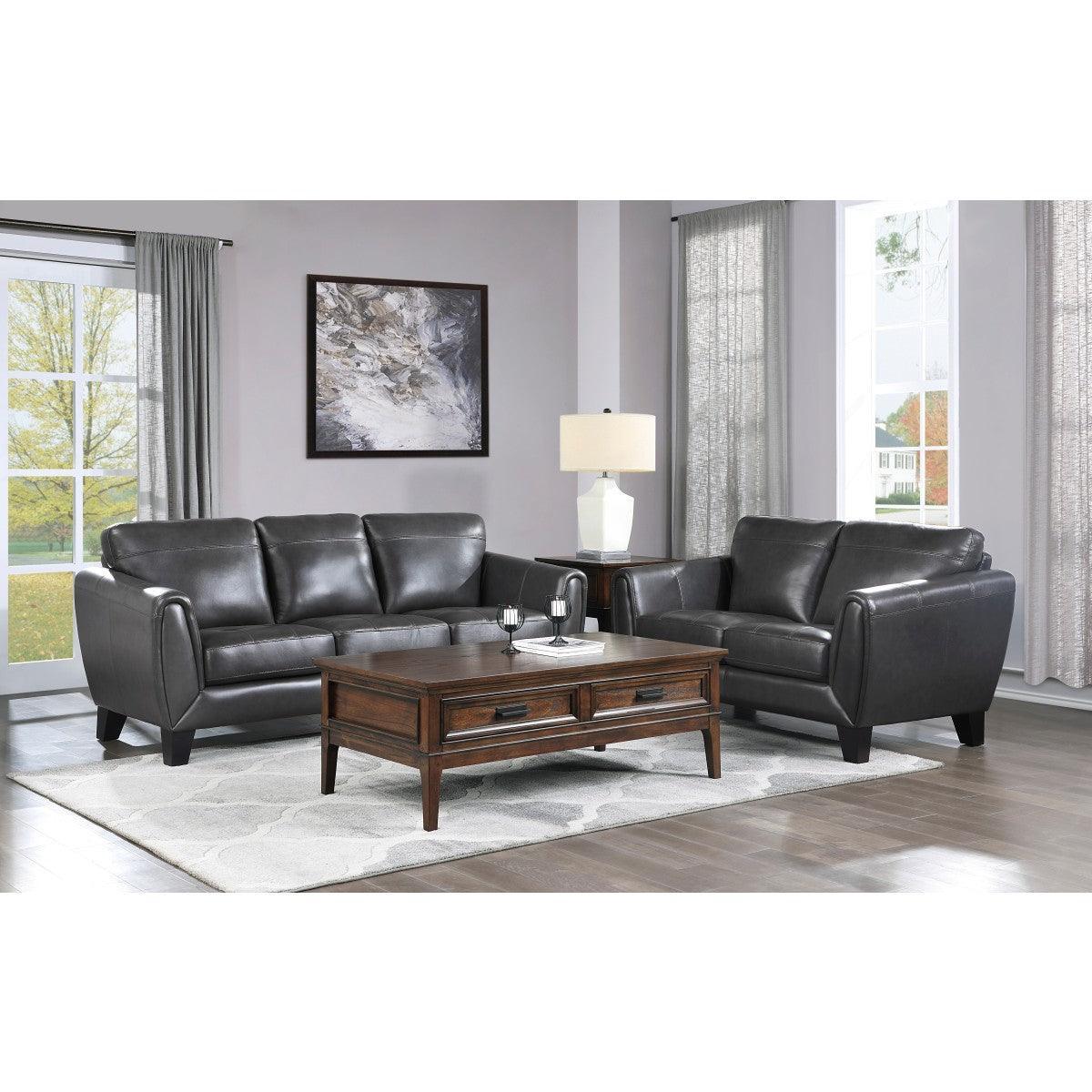 Spivey Dark Gray Solid Wood Top Grain Leather Where The Body Touches, All Else Faux Leather Sofa - Ella Furniture