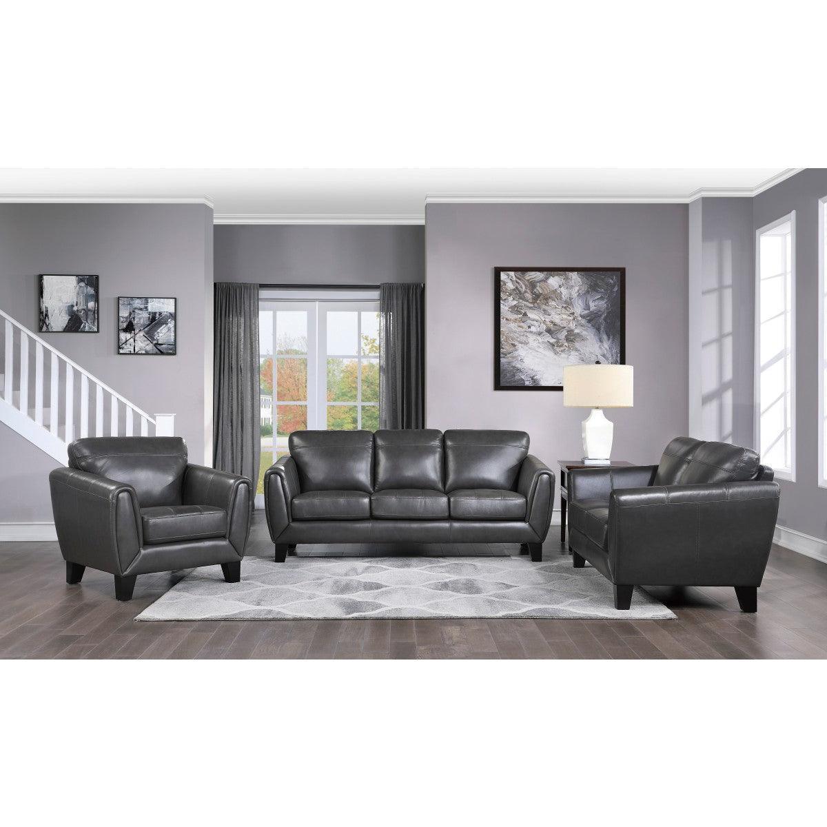 Spivey Dark Gray Wood Top Grain Leather Where The Body Touches, All Else Faux Leather Love Seat - Ella Furniture