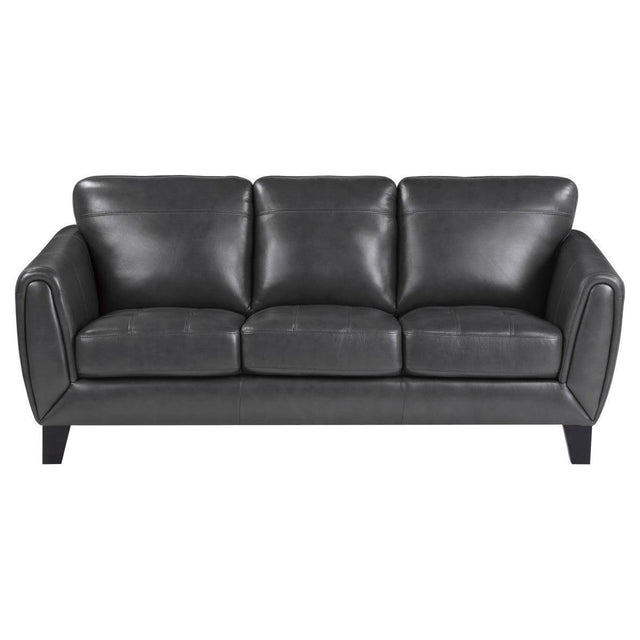 Spivey Dark Gray Solid Wood Top Grain Leather Where The Body Touches, All Else Faux Leather Sofa - Ella Furniture