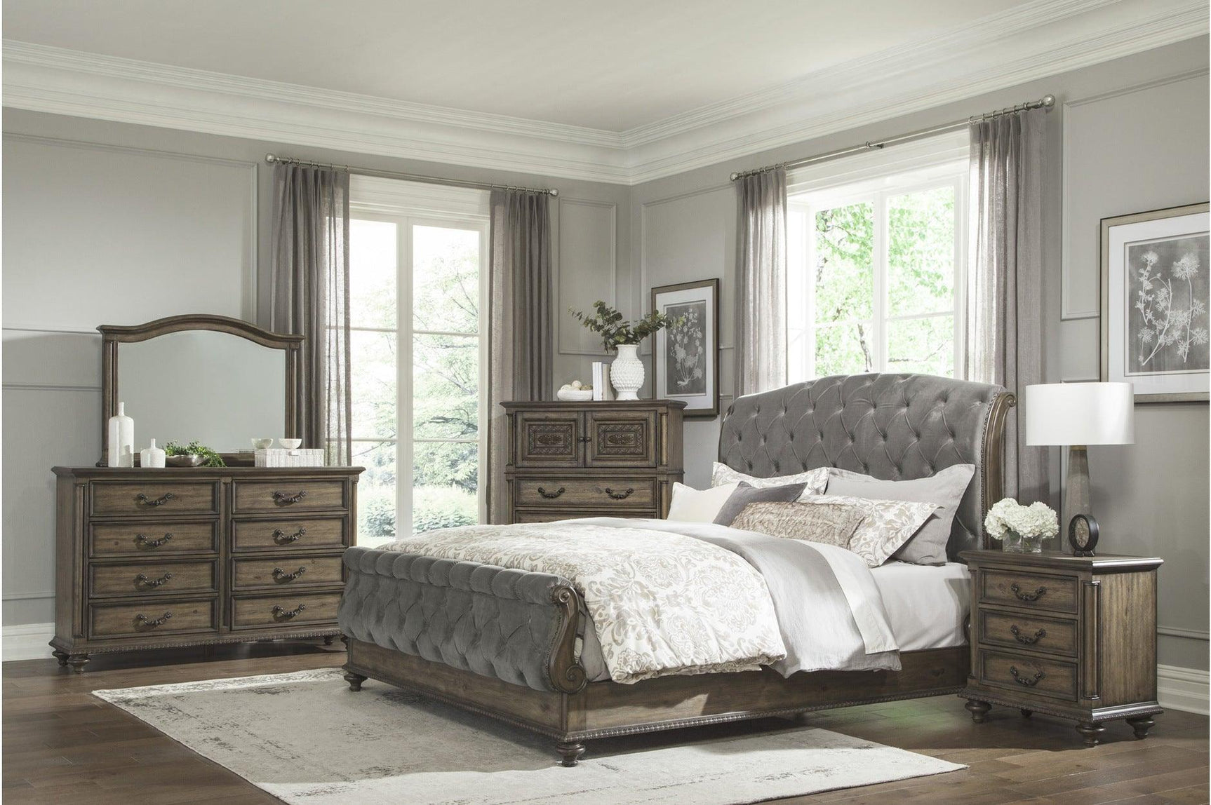 Rachelle Gray Modern Contemporary Solid Wood Velvet Upholstered Tufted Sleigh Bedroom Set - Ella Furniture