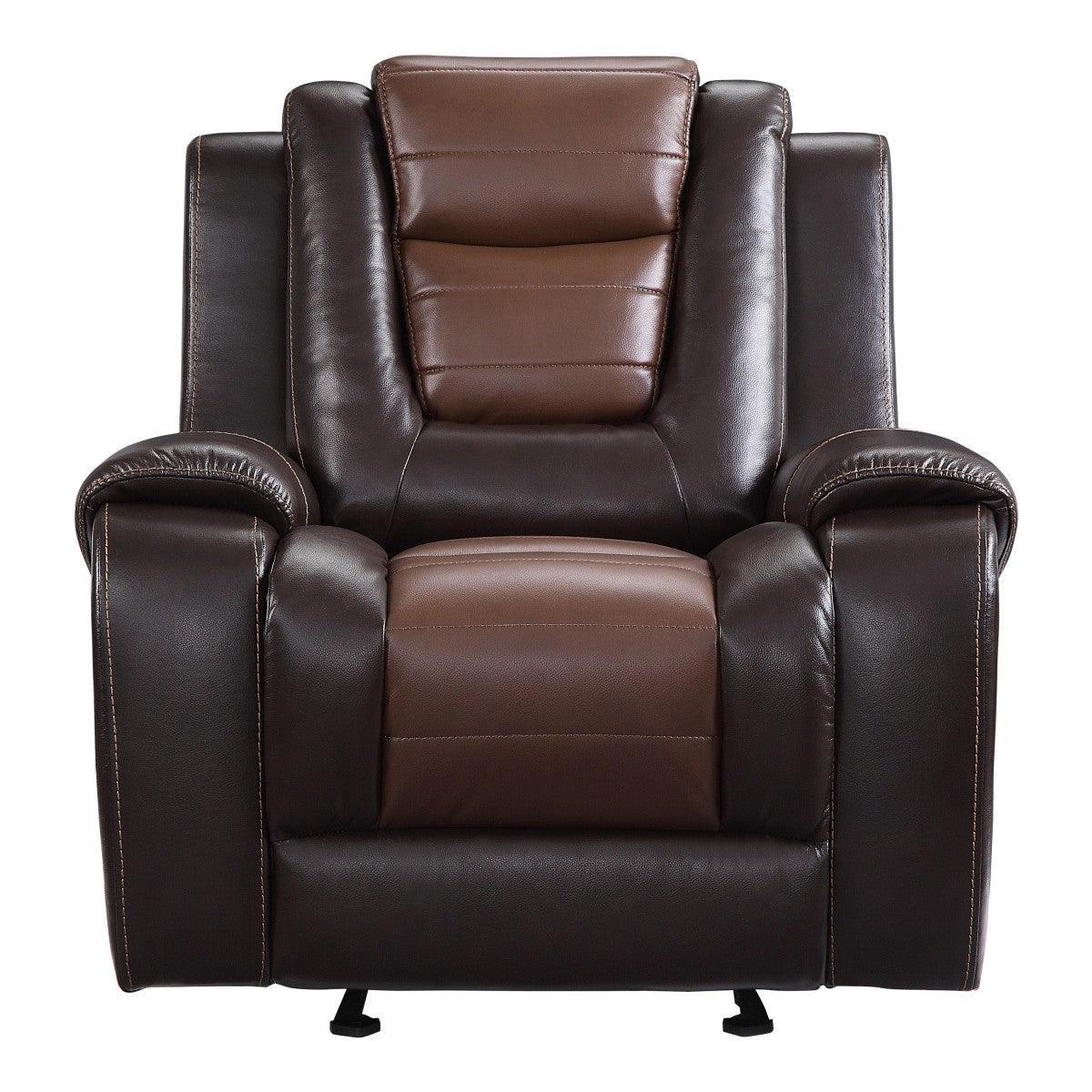 Briscoe Light And Dark Brown Solid Wood Premium Faux Leather Upholstery Glider Reclining Chair - Ella Furniture