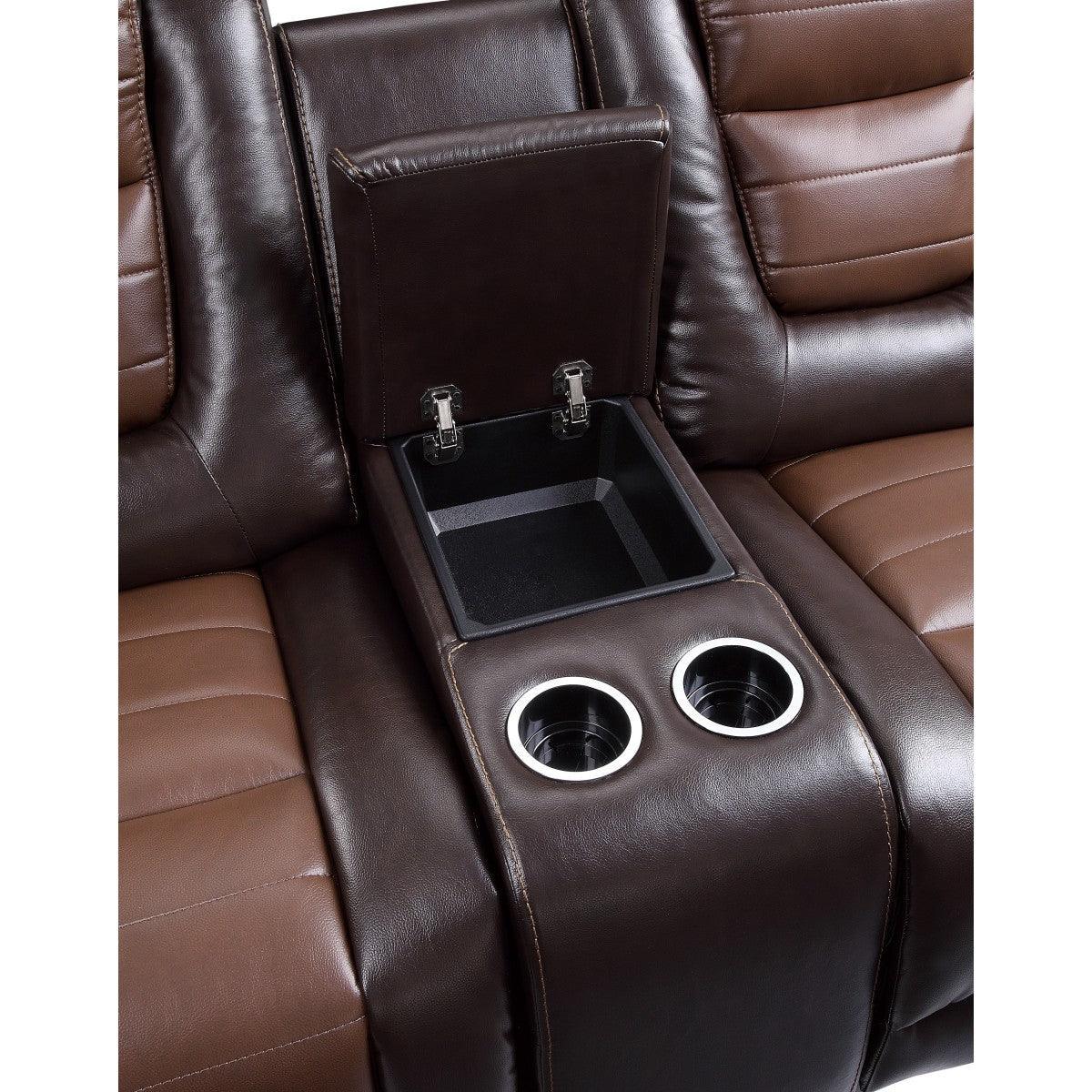 Briscoe 2-Tone Dark Brown Premium Faux Leather Upholstery Double Glider Reclining Love Seat - Ella Furniture