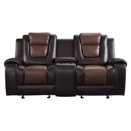 Briscoe 2-Tone Dark Brown Premium Faux Leather Upholstery Double Glider Reclining Love Seat - Ella Furniture