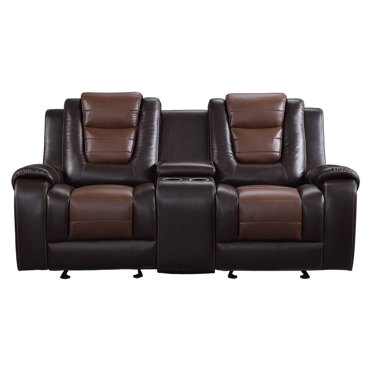 Briscoe 2-Tone Dark Brown Premium Faux Leather Upholstery Double Glider Reclining Love Seat - Ella Furniture