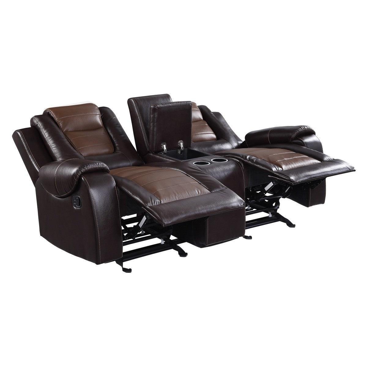 Briscoe 2-Tone Dark Brown Premium Faux Leather Upholstery Double Glider Reclining Love Seat - Ella Furniture