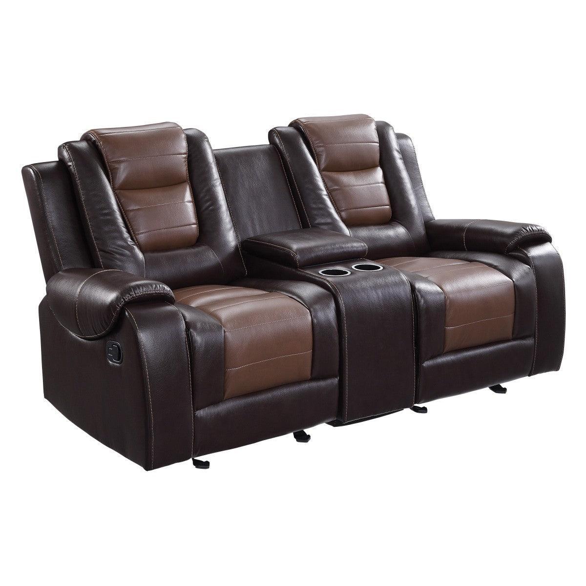 Briscoe 2-Tone Dark Brown Premium Faux Leather Upholstery Double Glider Reclining Love Seat - Ella Furniture
