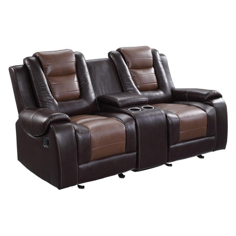 Briscoe 2-Tone Dark Brown Premium Faux Leather Upholstery Double Glider Reclining Love Seat - Ella Furniture
