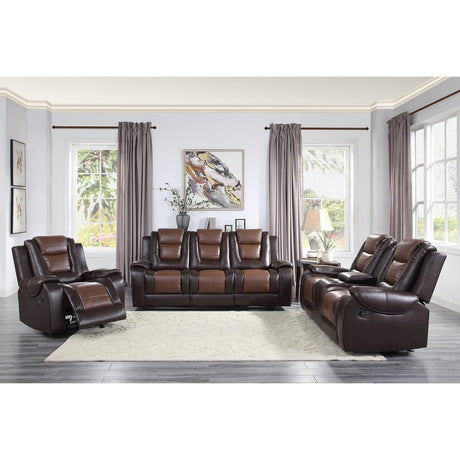 Briscoe 2-Tone Dark Brown Premium Faux Leather Upholstery Double Glider Reclining Love Seat - Ella Furniture