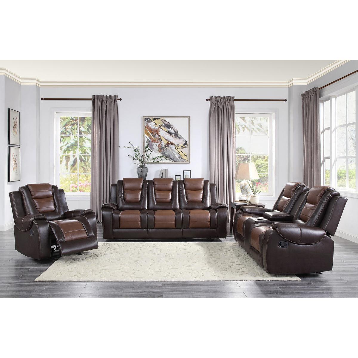 Briscoe 2-Tone (Light Brown And Dark Brown) Premium Faux Leather Upholstery Double Reclining Sofa - Ella Furniture