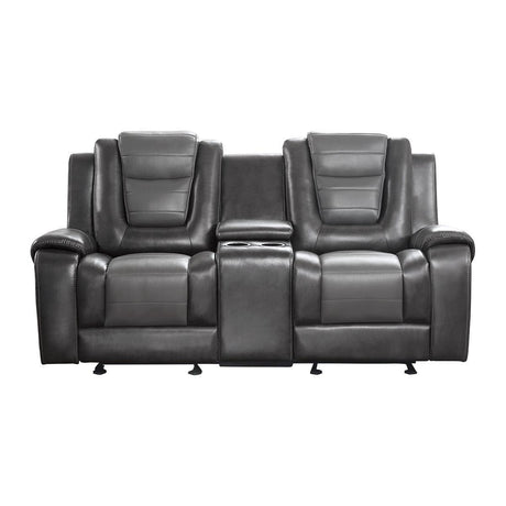 Briscoe 2-Tone Gray Faux Leather Upholstery Double Glider Reclining Loveseat With Center Console - Ella Furniture