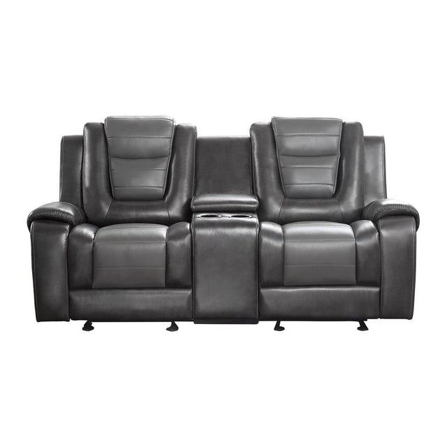 Briscoe 2-Tone Gray Faux Leather Upholstery Double Glider Reclining Loveseat With Center Console - Ella Furniture