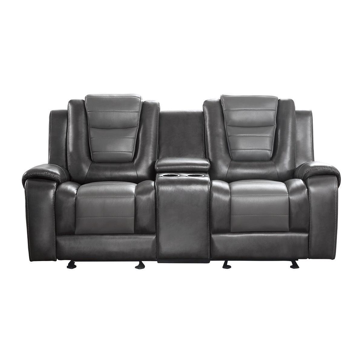 Briscoe 2-Tone Gray Faux Leather Upholstery Double Glider Reclining Loveseat With Center Console - Ella Furniture