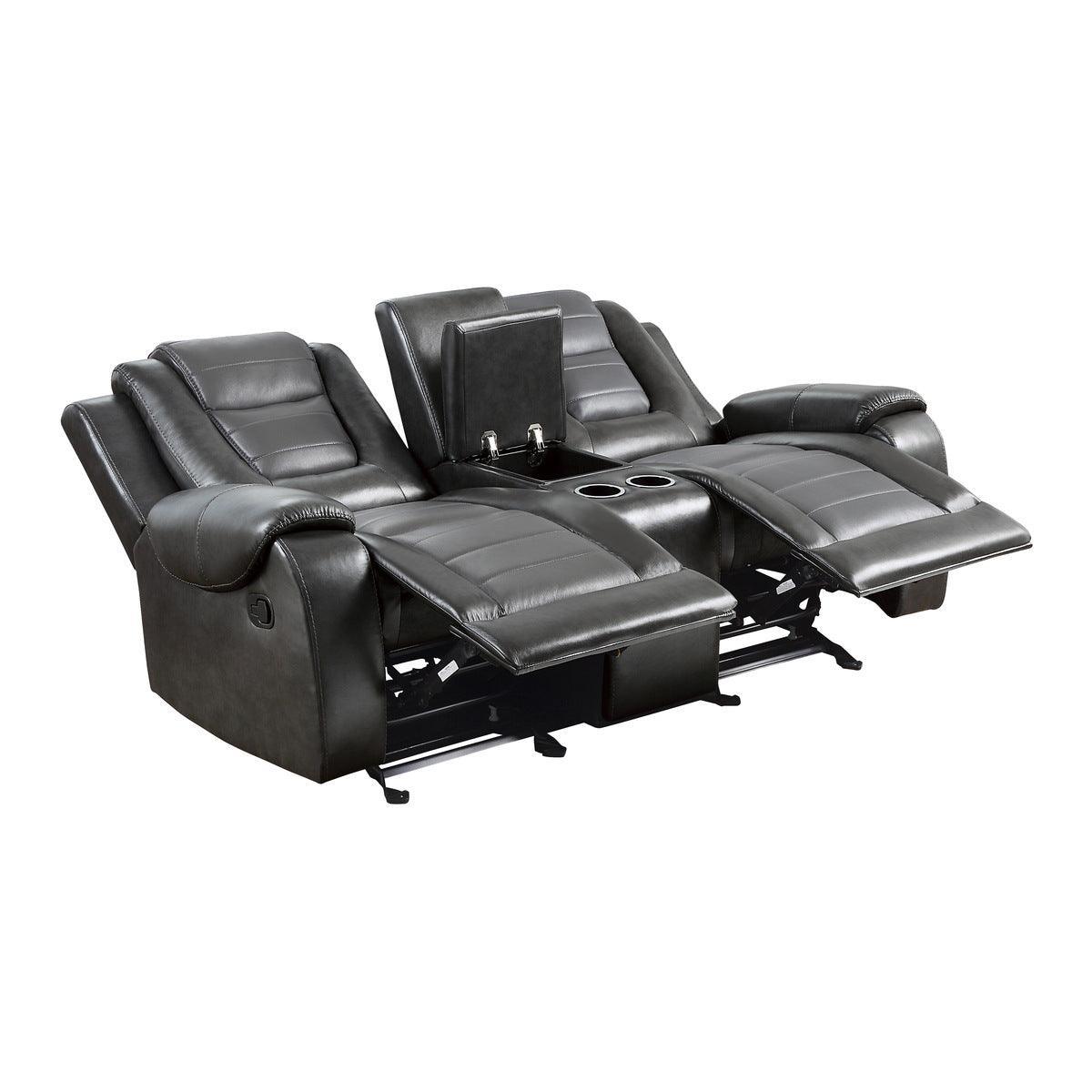 Briscoe 2-Tone Gray Faux Leather Upholstery Double Glider Reclining Loveseat With Center Console - Ella Furniture
