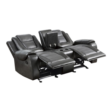Briscoe 2-Tone Gray Faux Leather Upholstery Double Glider Reclining Loveseat With Center Console - Ella Furniture