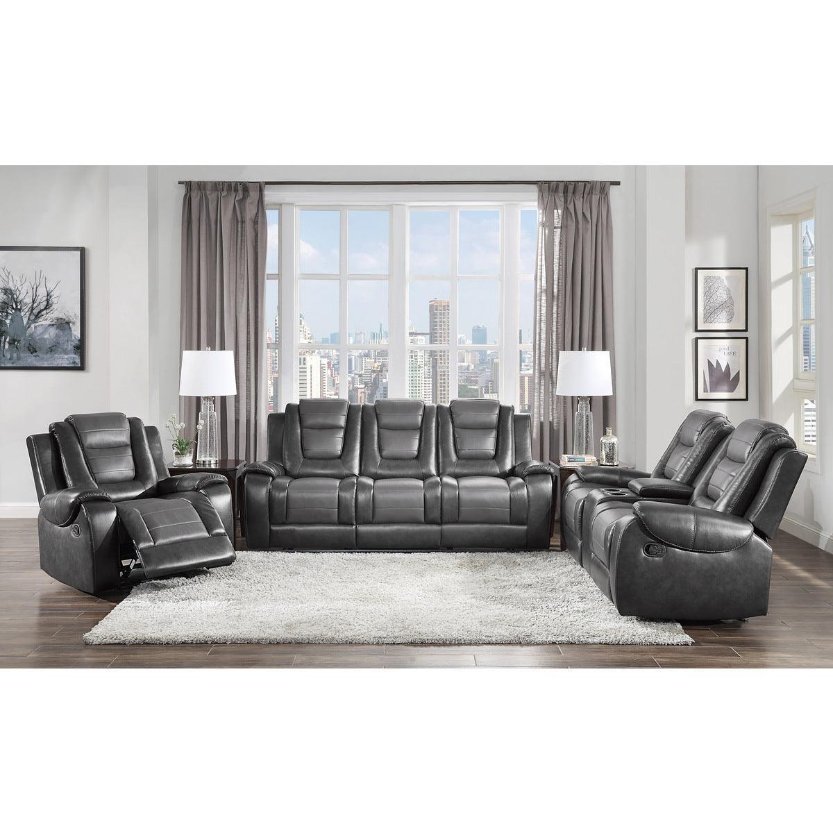 Briscoe 2-Tone Gray Faux Leather Upholstery Double Glider Reclining Loveseat With Center Console - Ella Furniture