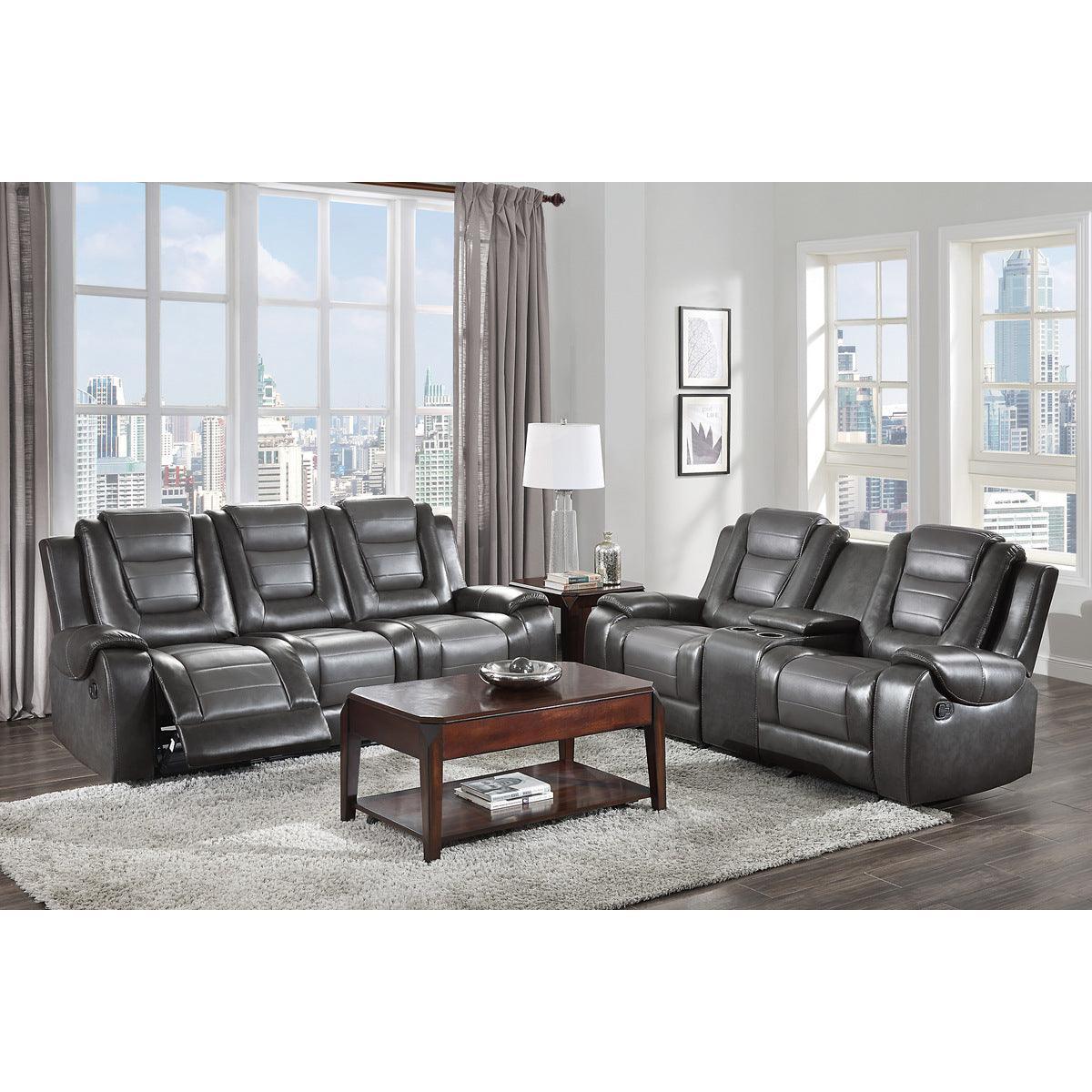 Briscoe 2-Tone Gray Faux Leather Upholstery Double Glider Reclining Loveseat With Center Console - Ella Furniture